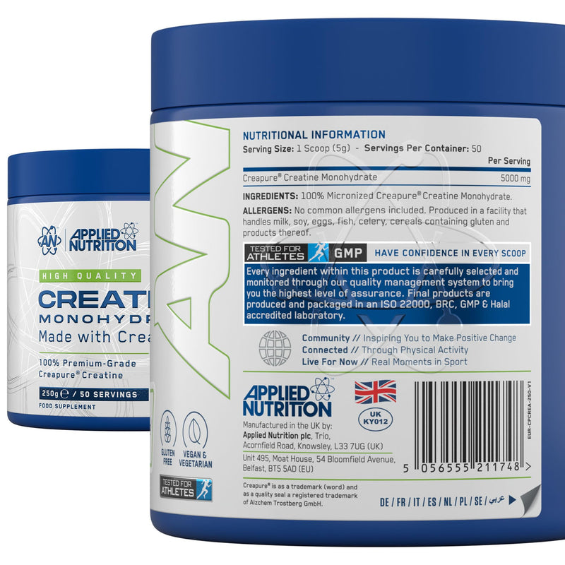 Applied Nutrition – Creatine Monohydrate – Made with Creapure® – Best Premium-Grade Creatine – Best Performance & Strength Support – Increased Energy & Endurance – (250g – 50 Servings) (Unflavoured)
