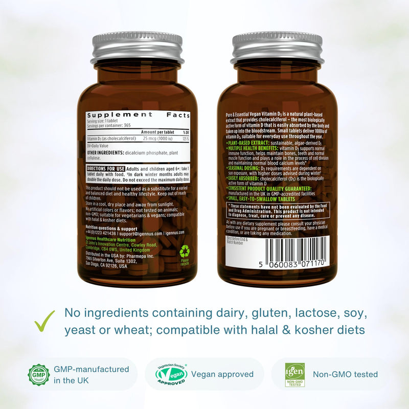 Igennus Natural Vegan Vitamin D3 1000IU, Clean Label, 365 Tablets | Plant-Based Algae Cholecalciferol, Immune, Bones & Teeth, Non-GMO, 1-Year Supply
