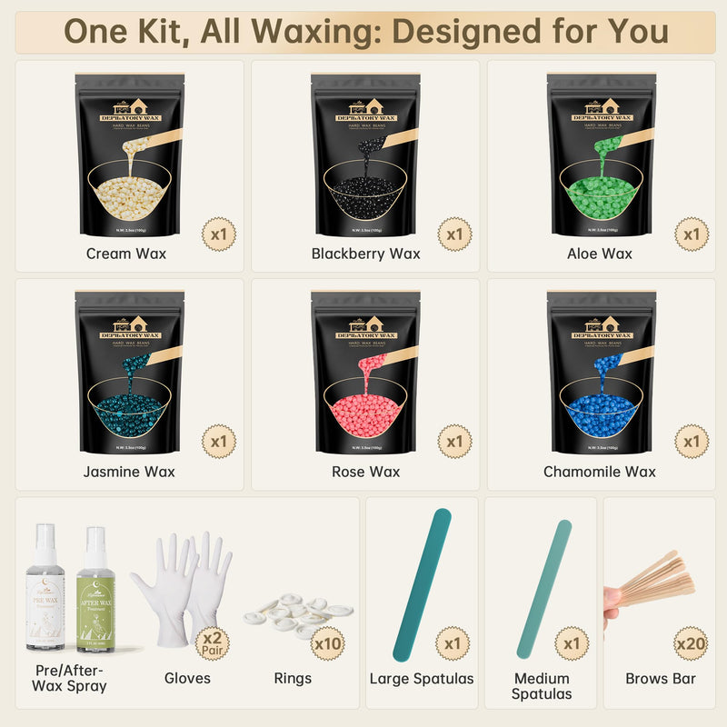 [Australia] - Lifestance Wax Beads Set, 6 Kinds of Waxing Beads, Hard Wax Beans with 44 Items, Perfect for Any Waxing Warmers, Wax Beads for Hair Removal for Full Body Bikini Armpit Underarm Eyebrow Face Leg 6 Pack-WHOLE BODY ❤️ 