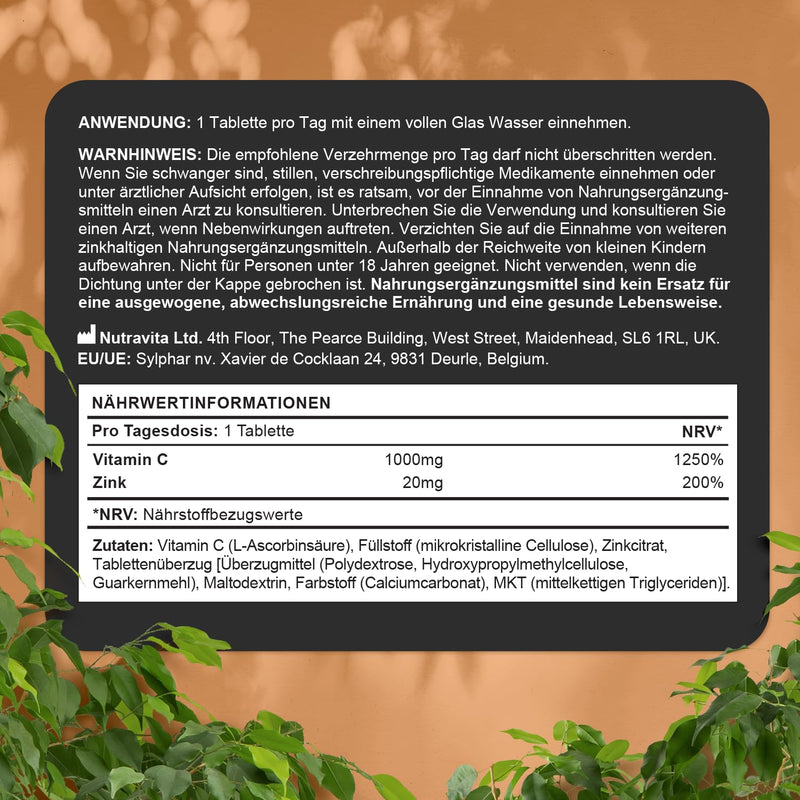 [Australia] - Vitamin C & Zinc - 120 tablets - High dose with 1000mg vitamin C + 20mg zinc - Laboratory tested, vegan & optimally bioavailable - without unnecessary additives - Supports the immune system - Nutravita 