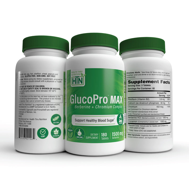 [Australia] - Health Thru Nutrition GlucoPro Max - with 1,500mg Berberine, Chrominex + Chromium, and 1,000mg Cinnamon | Vegan, Non-GMO, Gluten Free | Pack of 180 180 Count (Pack of 1) 