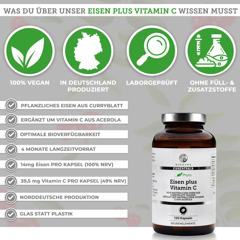 [Australia] - QIDOSHA® vegetable iron plus vitamin C capsules, 120 pieces in a glass, 14 mg per capsule of vegetable iron from curry leaf extract, supplemented with vitamin C from acerola fruit powder, laboratory tested, vegan high dose 89.7 g (pack of 1) 