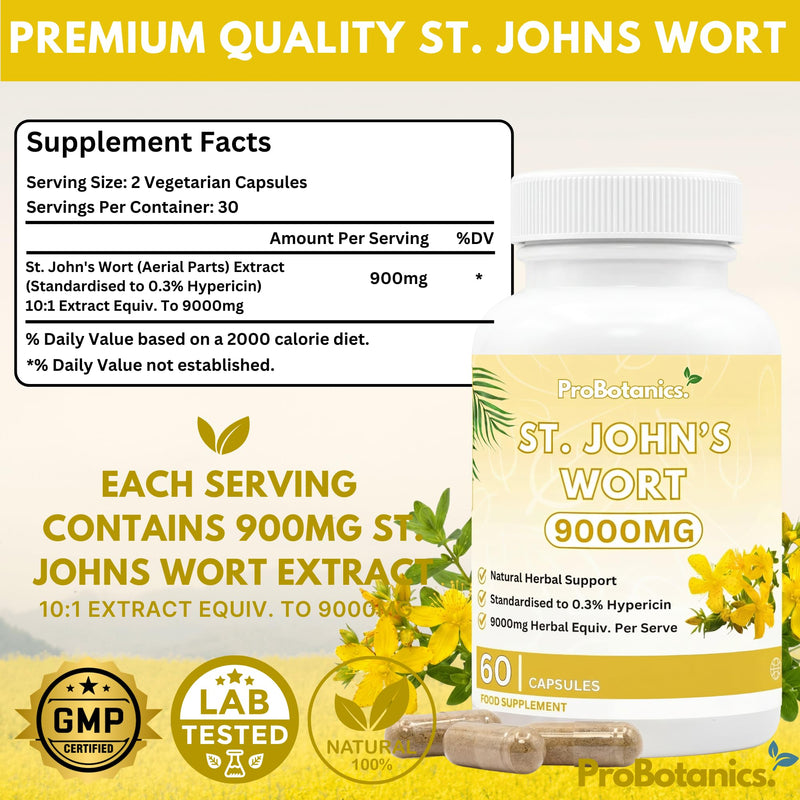 St John's Wort 900mg Maximum Strength | Standardised 0.3% Hypericin Extract | High-Strength Herbal Supplement for Emotional Wellbeing | 60 Vegan Capsules