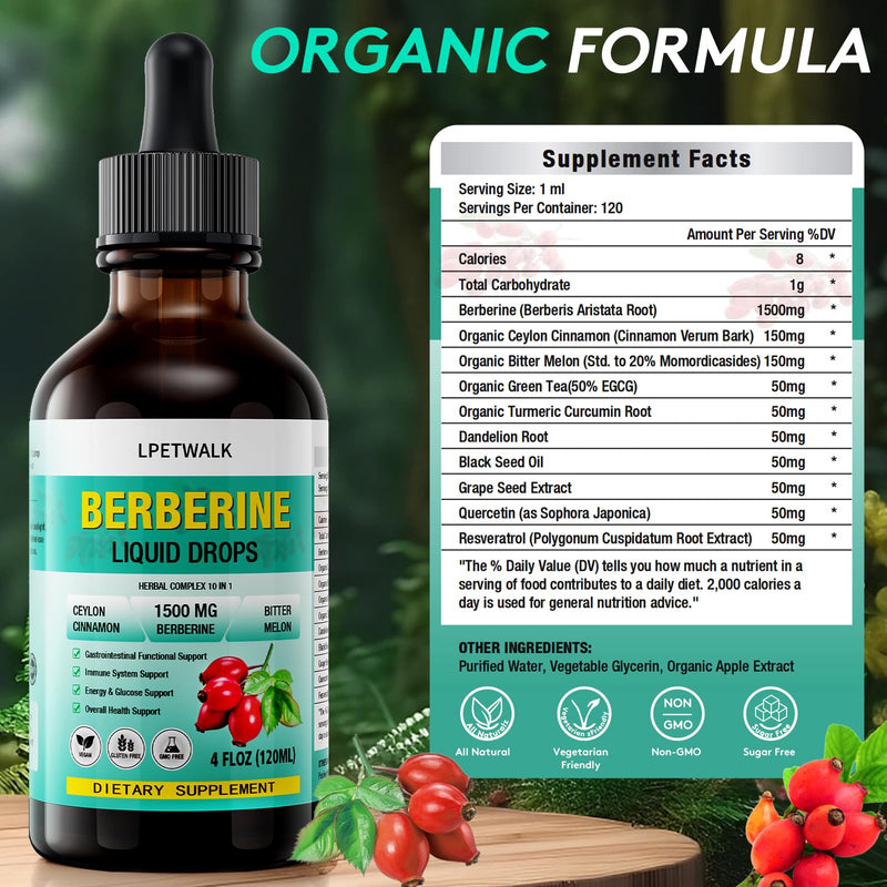 [Australia] - 4 FL Oz Organic Berberine Liquid Drops - Premium Berberine Supplement with Ceylon Cinnamon, Bitter Melon, Sugar-Free & Vegan Supplement Berberine Leaves Liquid, 98% Absorption - 120ML 