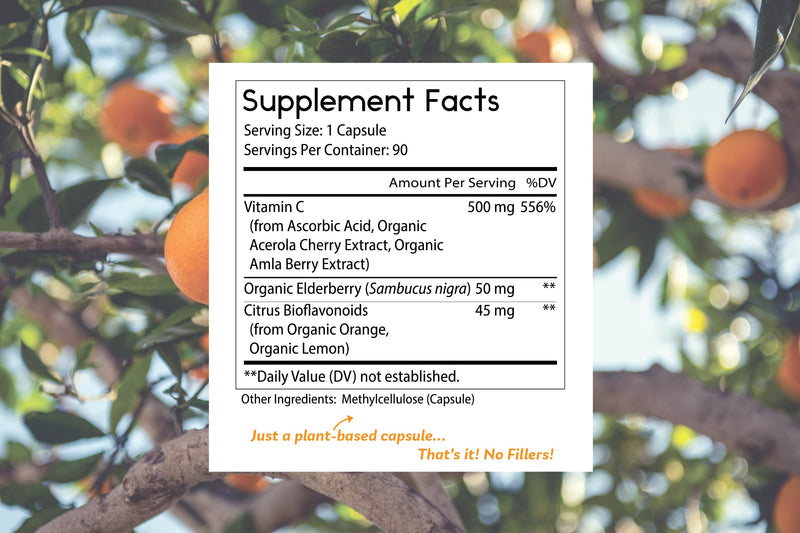 Toms Remedies Vitamin C Supplement with Organic Elderberry Capsules | Whole food formula with organic citrus bioflavonoids, Vegan, 90 capsules Per Bottle.