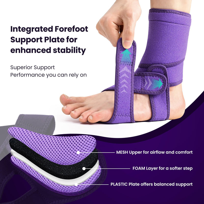 Welnove Drop Foot Brace with Arch Support, AFO Ankle Brace for Walking, Relieves Instability of Lower Limbs by Foot Drop, MS, TBI, Spinal Cord Injury, Cerebral Palsy (Purple, Rigid Support)