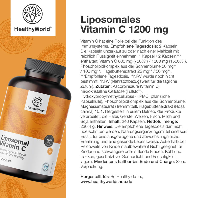 [Australia] - HealthyWorld Liposomal Vitamin C - 240 plant capsules - 1200 mg vitamin C per day - with rose hips and sunflowers - phospholipid complex - 4 month supply - high bioavailability 