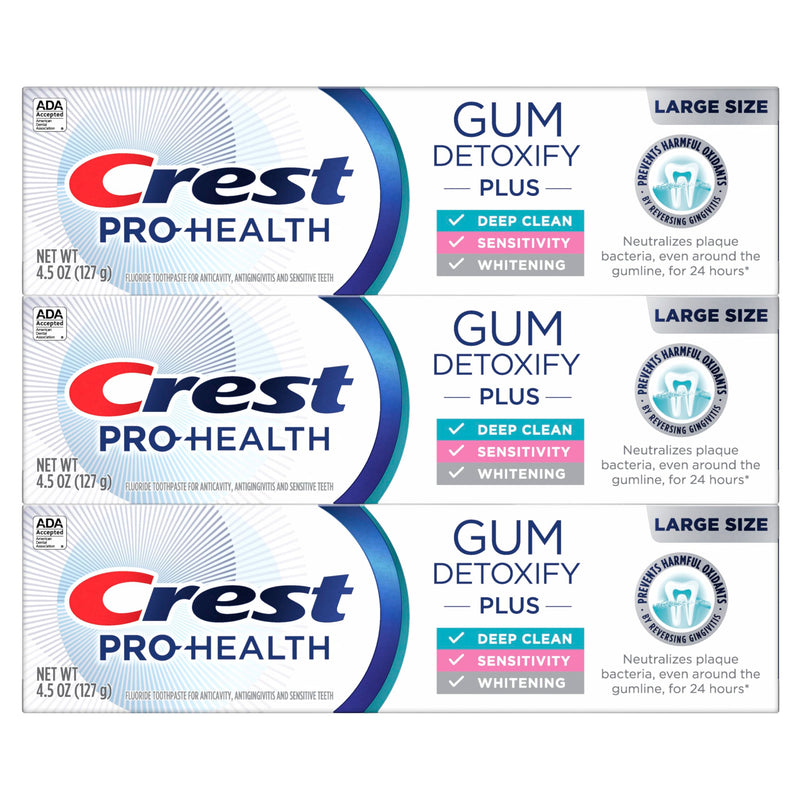 Crest Pro-Health Gum Detoxify Plus Toothpaste 4.5 oz Pack of 3 - Antibacterial Fluoride Toothpaste, Sensitivity Protection, Whitens Teeth, Anticavity, Plaque Control 4.5 Fl Oz (Pack of 3)