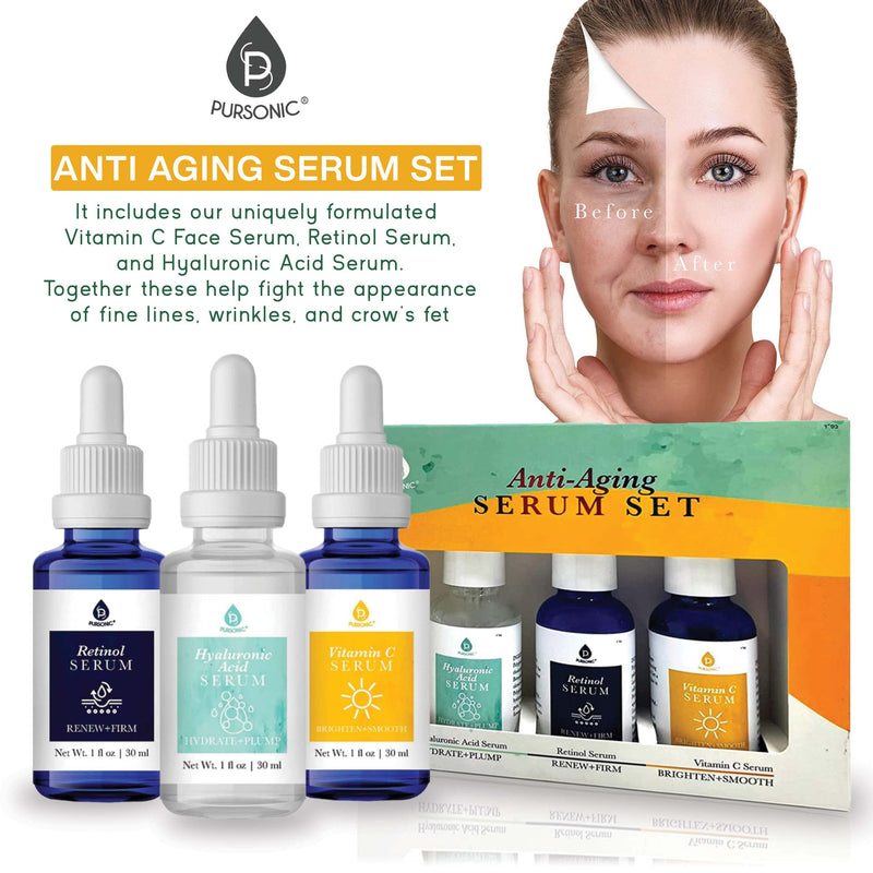 PURSONIC Anti Aging Skin Care Set of 3 - Hyaluronic Acid Serum, Retinol Serum & Vitamin C Face Serum for Women - Nourishing Hydrating Serum for Face, Smoothed Wrinkles, Dryness, Fine Lines Hyaluronic Acid, Retinol & Vitamin C Serum