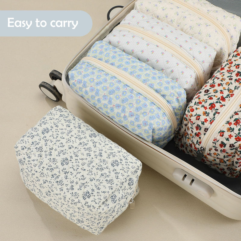 6 Pcs 8 Inch Large Quilted Makeup Bag Bulk Floral Cosmetic Bag Bridesmaid Gifts Women Floral Cotton Quilted Pouch Travel Toiletry Coquette Aesthetic Makeup Organizer for Women