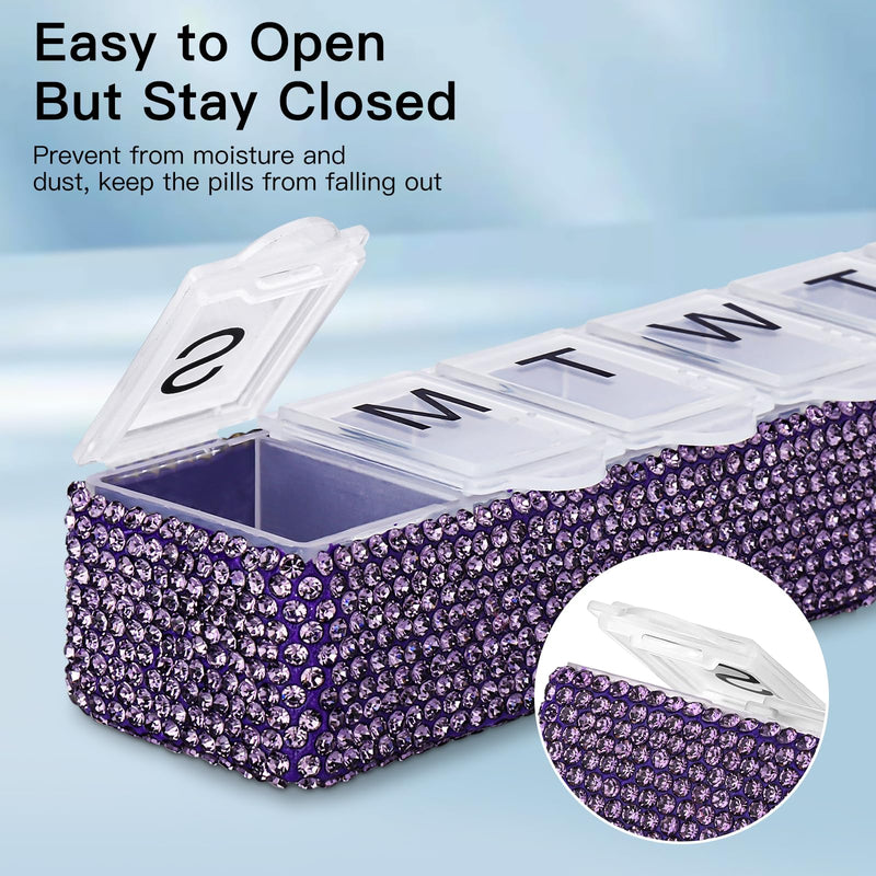 Soleebee Portable Weekly 7 Day Pill Organizer, Bling Crystal Pill Box Case, Travel Pill Planner, Pill Dispenser, Medicine Vitamin Container Organizer (Purple) Purple