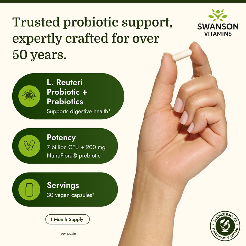 Swanson L. Reuteri Probiotic Plus, 7 Billion CFU, 30 Vegan Capsules, 4 Pack | With Lactobacillus Rhamnosus, Acidophilus, and FOS Prebiotic for Gut-Health-Conscious Adults, Full-Spectrum Support 30 Count (Pack of 4)