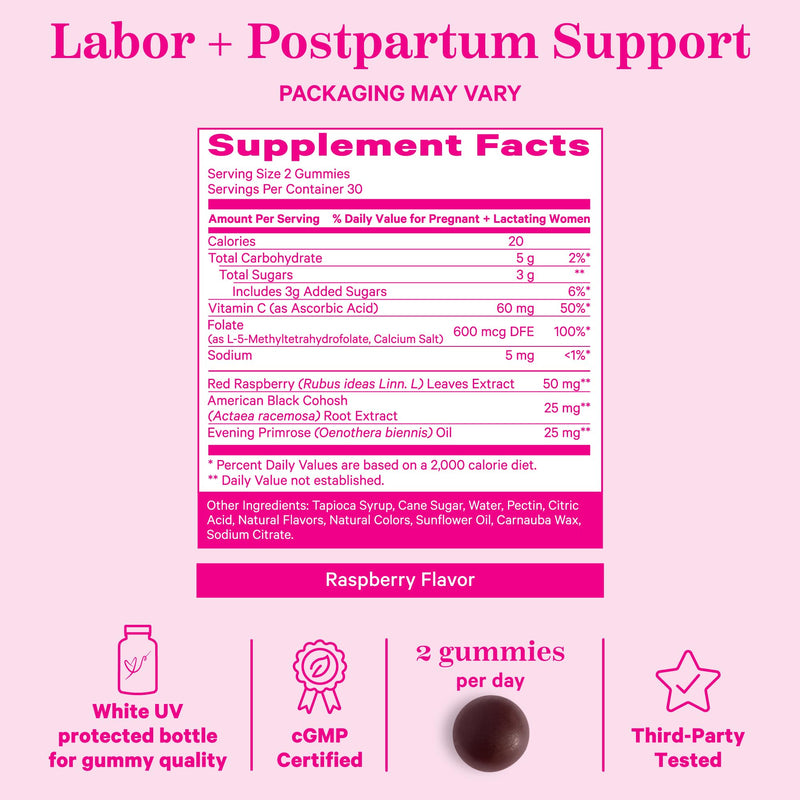 [Australia] - Pink Stork Red Raspberry Leaf Gummies - Third Trimester Labor Prep + Postpartum Mood Essentials with Evening Primrose Oil + Black Cohosh - 60 Vegan Gummy Supplements, Non-GMO 