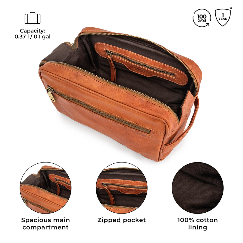 BERLINER BAGS Vintage Genuine Leather Toiletry Bag For Men Tim M, Brown | Leather Travel Bag, Large Capacity, 2 Zippered Compartments, Leather Handles, Cosmetics Bag for Men and Women Brown M