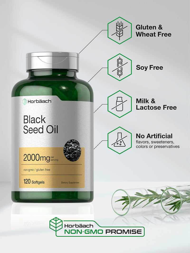 Horbäach Black Seed Oil 2000mg | 120 Softgel Capsules | Cold Pressed Nigella Sativa Pills | Non-GMO, Gluten Free Supplement