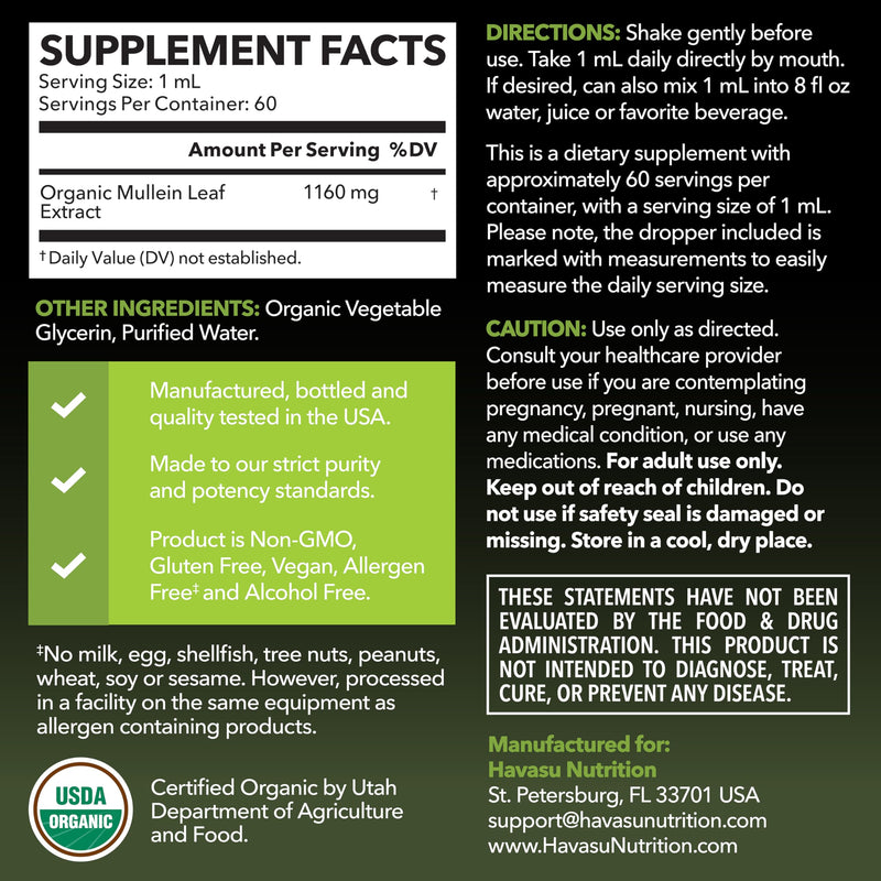 [Australia] - Mullein Drops for Lungs - USDA Organic Mullein Leaf Extract - Respiratory Health and Lung Support Supplement - 2 Fl Oz - Vegan, Non-GMO, and Alcohol Free Formula - Herbal Tincture - 2 Month Supply 