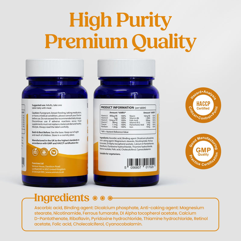Multivitamin & Iron Tablets – Daily Vitamins & Minerals Supplement for Energy & Wellness – 90 Tablets – Made in UK