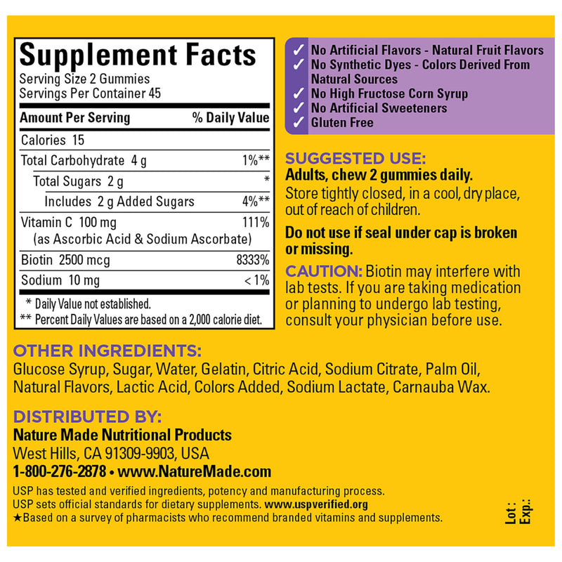 Nature Made Hair Skin and Nails with Biotin 2500 mcg, 90 Gummies | Dietary Supplement for Healthy Hair, Skin & Nails Support, Vitamin C Helps Make Collagen for Healthy Skin, 45 Day Supply Mixed Berry, Cranberry & Blueberry 90 Count (Pack of 1)