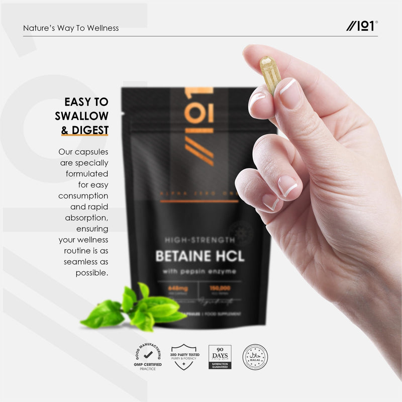 Betaine HCL 648mg & Pepsin 150,000 FCC - Potent Betaine Hydrochloride Pepsin Complex - 90 Vegan Capsules (3 Months Supply) – Resealable and Recyclable Pouch by Alpha01