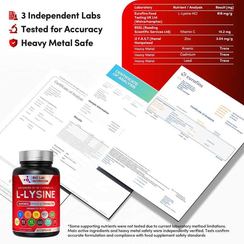 L-Lysine 1600mg High Strength - Advanced 12-in-1 Complex for Lip & Skin Health - with Zinc, Vitamin C, D3 & Lemon Balm - Triple UK Lab Tested - 60 Vegan Capsules