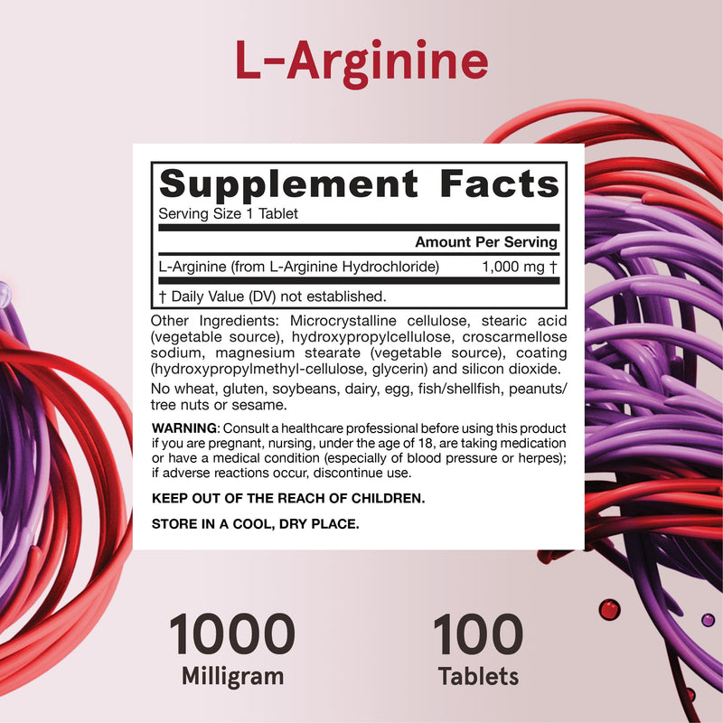 [Australia] - Jarrow Formulas¬Æ Arginine 1000 mg, Dietary Supplement, Supports Nitric Oxide Production, Supports Protein Synthesis, 100 Tablets, Up to 100 Day Supply 100 Count (Pack of 1) 