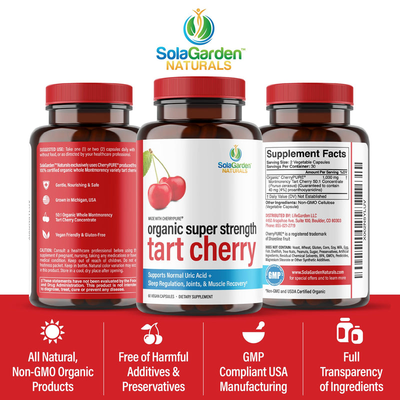 [Australia] - Super Strength Organic Montmorency Tart Cherry Supplement – 50:1 Concentrate Grown in The USA - Contains Certified Organic CherryPURE – by SolaGarden Naturals. 60 Non GMO Veggie Capsules. 