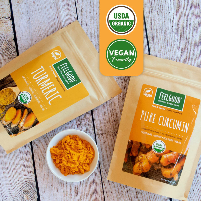 [Australia] - FeelGood Organic Superfoods Pure Curcumin Powder, Organic, Non-GMO, Vegan from Bulk Ground Turmeric Root from India, Curcuma Longa Joint Supplement, 5 oz 