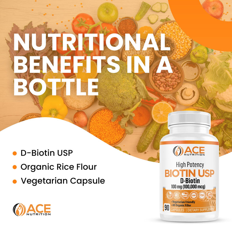 High Potency Biotin USP (D-Biotin 100,000mcg) - Superior Biotin, Organic Rice Flour, Vegetarian Capsules For Hair, Skin, & Myelin Health, Made in the USA (100mg/90 Capsules) 1
