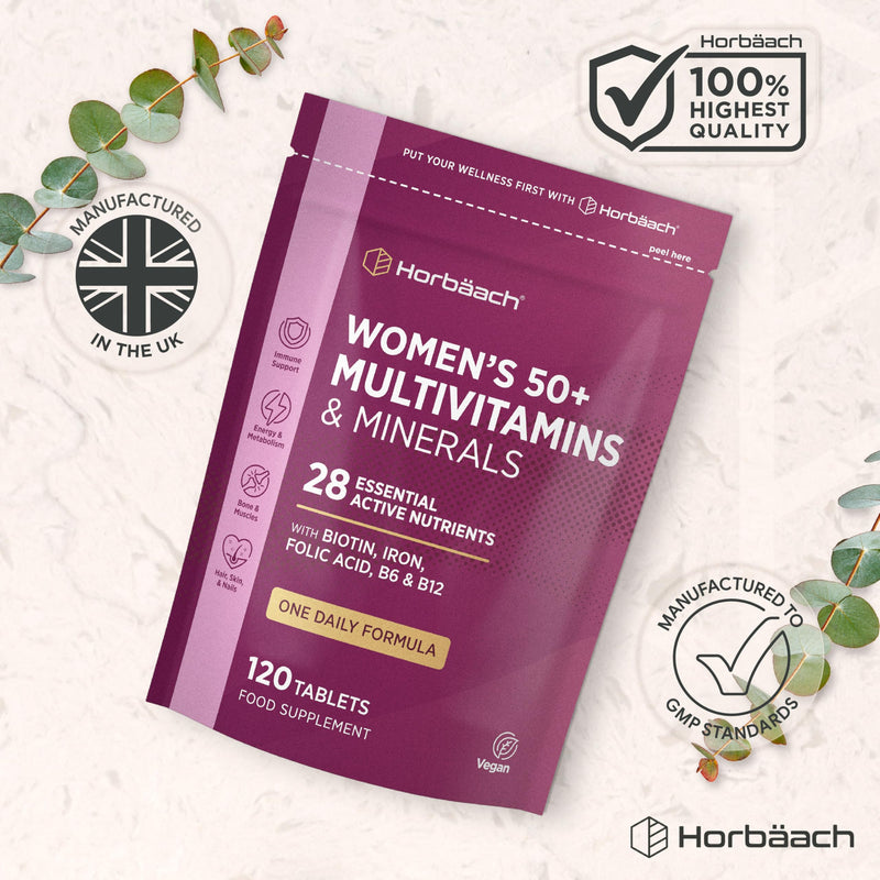 Multivitamins for Women 50+ | 4 Months Supply | 28 Essential Vitamins & Minerals Including Biotin, Iron, Folic Acid, B6, B12, Calcium, Zinc, Vitamin C & More! | 120 Vegan Tablets | by Horbaach