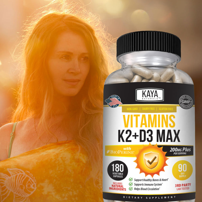 Kaya Naturals Vitamins K2 with D3 5000IU Supplement for Men and Women - Easy to Swallow - Bioperine Capsules (180 Count (Pack of 1) 180 Count (Pack of 1)
