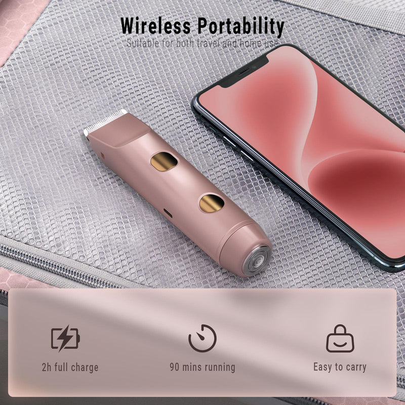 [Australia] - 2-in-1 Bikini Trimmer for Women, Bikini Shaver with Dual Heads, Body and Facial Hair Removal, Cordless Rechargeable Electric Razors for Face Chin Pubic Underarm Legs, IPX7 Waterproof, Light Pink 