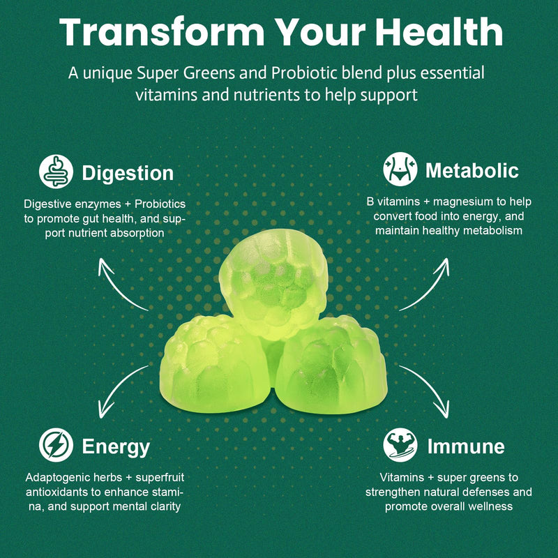 [Australia] - 61-in-1 Supergreens Daily Gummies for Women and Men, Multivitamin Superfood Gummy with Probiotics for Metabolic, Energy, and Digestive Health, Sugar Free, Green Apple Flavor, 60 Count 