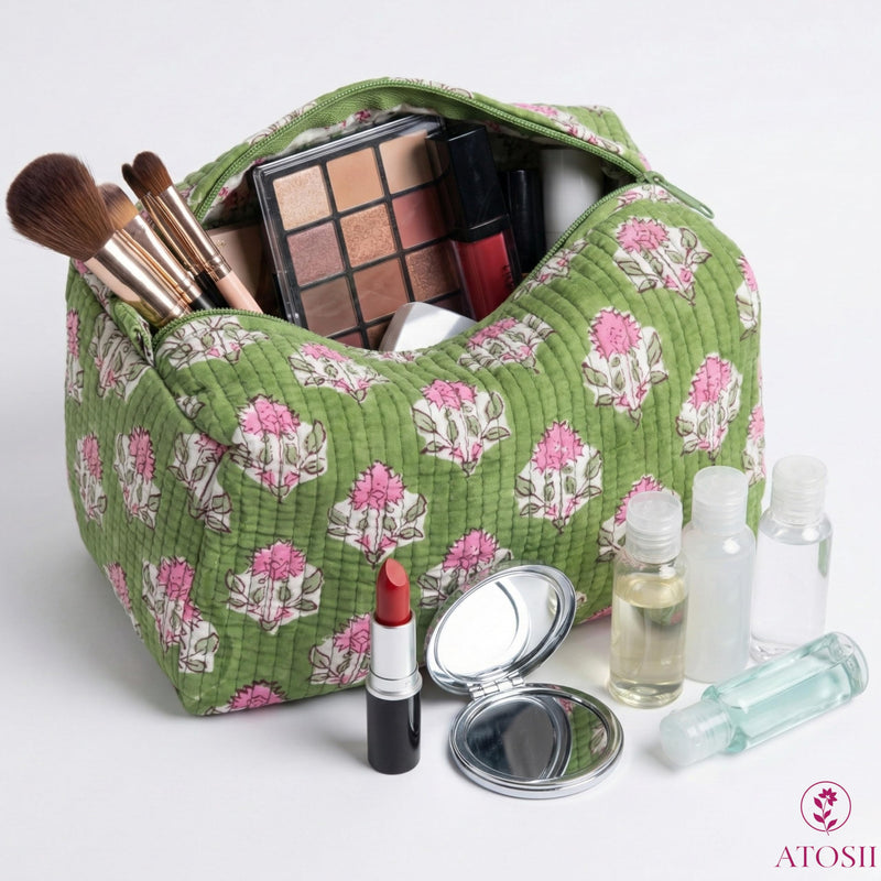 ATOSII Set of 3 100% Cotton Handblock Print Quilted Toiletry Cosmetic Makeup Travel Bag for Women, Waterproof Inner Lining, Jewelry Essentials Storage Case, Toiletries Pouch Purse, Moss Pink