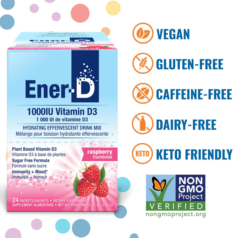 Ener-D Sugar Free Multivitamin Drink Mix, Zero Sugar - Raspberry, 24 Count | Vitamin D3 Powder for Water, Electrolytes Powder No Sugar, Hydration Boost Packets Sugar Free Raspberry 24 Count (Pack of 1)