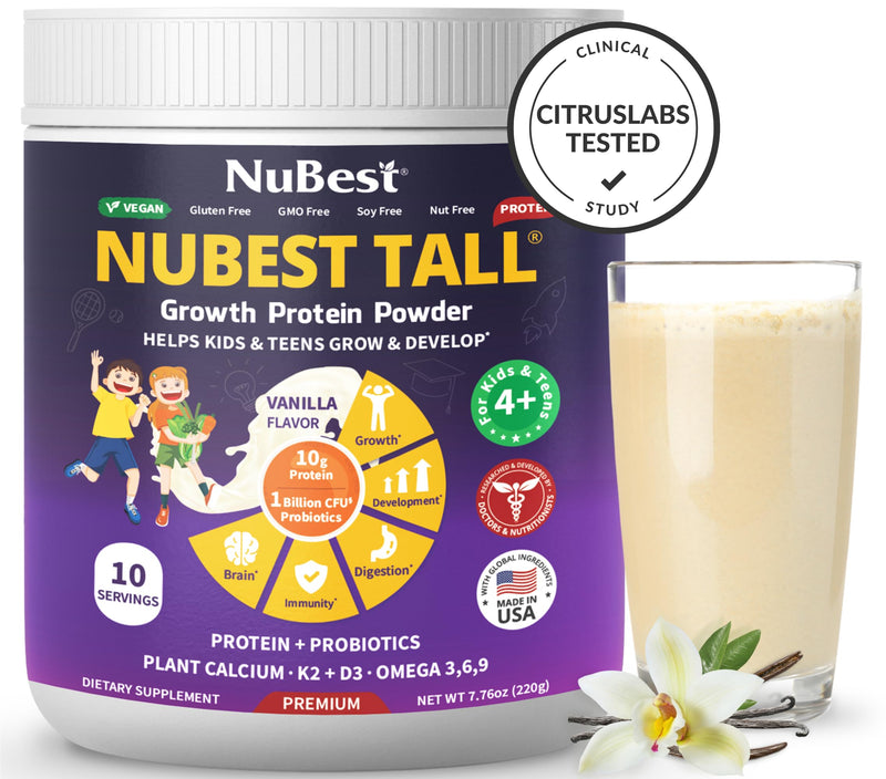 NuBest Tall Vanilla Plant-Based Protein Powder for Kids & Teens - Healthy & Immunity with Probiotics, Omega 3-6-9, Vitamin D3 + K2, Calcium & Vitamins - 10 Servings | 2 Week Supply 7.1 Ounce (Pack of 1)