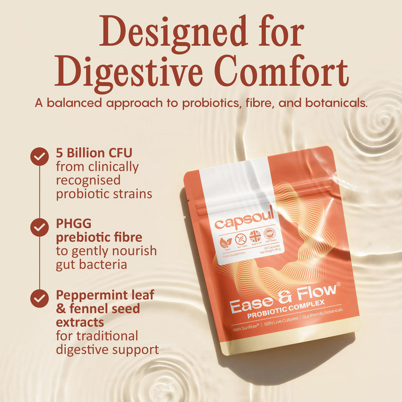 Capsoul Ease & Flow Probiotics for Women | Gut Health Supplements with 5 Billion CFU, Prebiotic Fibre PHGG, Peppermint & Fennel | Vegan Support for Bloating Relief for Women - 60 Capsules