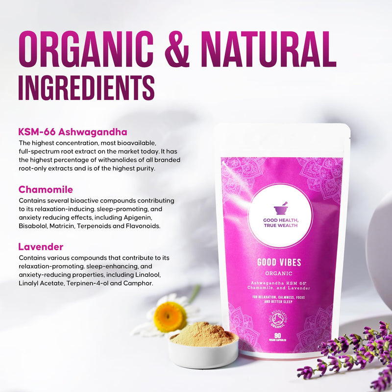 Organic Ashwagandha KSM 66 with Lavender and Chamomile - 90 Vegan Capsules - for Relaxation, Calmness, and Sleep Support 90 count (Pack of 1)