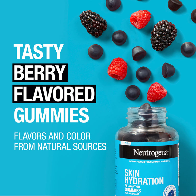 Neutrogena Skin Hydration Astaxanthin Gummies with Vitamin C, Skincare Supplements for Hydrated, Smooth & Healthy Skin, Daily Antioxidant Gummies for Skin Health, Berry Flavor, 60 ct