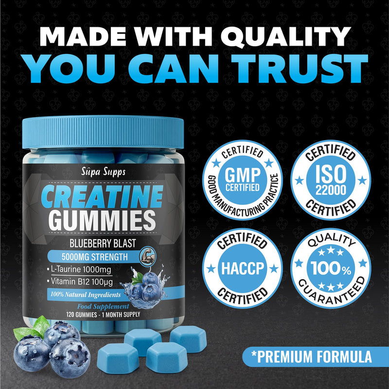 Creatine Gummies Blueberry Flavour, 5000mg Creatine Monohydrate Gummies + L Taurine and Vitamin B12, 120 Count, 30 Day Supply, Gym Training, Strength Performance & Daily Training Fuel for Weight Gain