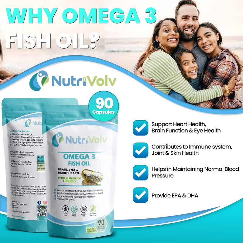 Nutrivolv Ultra Purified Omega 3 Fish Oil Capsules With Essential Fatty Acids EPA & DHA Supports Heart, Eye & Brain Health | 90 Softgel Capsules 90 count (Pack of 1)