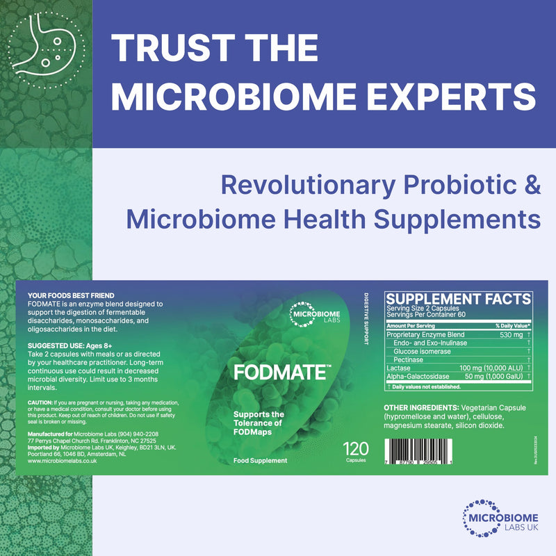 Microbiome Labs FODMATE – Digestive Enzymes for Low FODMAP Protocols & Gut Health, High Strength Enzyme Complex for Bloating, Digestion Support with Lactase & Alpha-Galactosidase (120 Vegan Capsules)