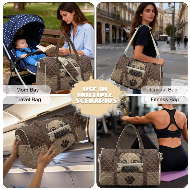 Pug Paw Print Print Weekender Bag for Women Quilted Travel Duffel Bag Lightweight Large Capacity Carry On Luggage Overnight Bag for Travel and Errands Brown - Pug Paw Print
