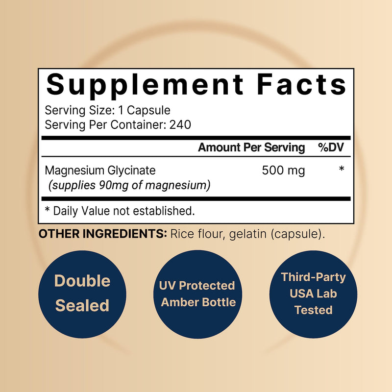 [Australia] - NatureBell Magnesium Glycinate Capsules 500mg | 240 Count, 100% Chelated & Purified, 3rd Party Tested, Non-GMO & Gluten Free Magnesium Glycinate 500mg 240 Count (Pack of 1) 