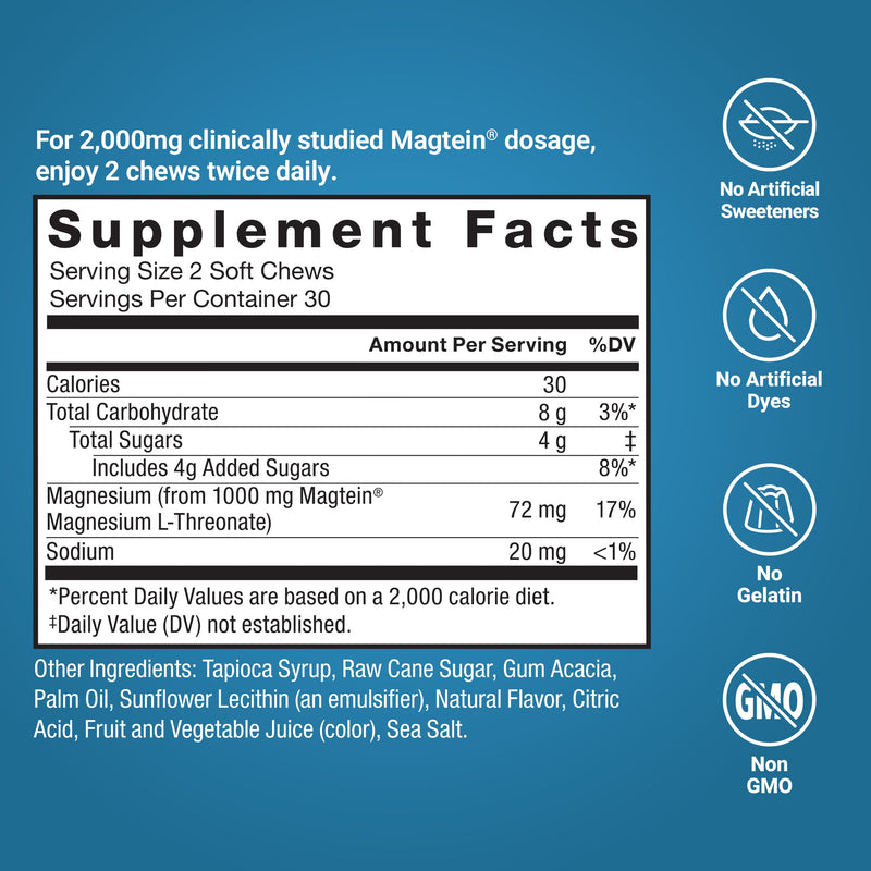 Force Factor Ultimate Magtein Magnesium L-Threonate 2000mg | Support Cognitive Function, Focus, Memory & Relaxation, Magnesium Threonate, Mixed Berry, 60 Soft Chews