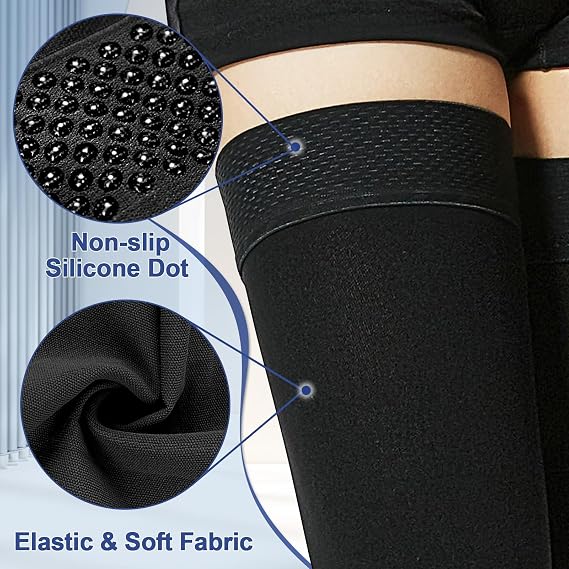 Compression Stockings Thigh High for Women Men 20-30 mmhg Graduated Compression Socks Open Toe Compression Support Hose with Non-Slide Silicone Dot Band for Swelling and Varicose Veins (Black,L) Black Large (1 Pair)