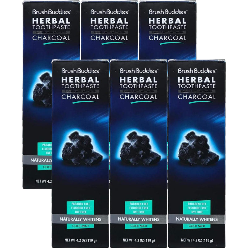 Brush Buddies Charcoal Toothpaste 6 Pack, 3.5 oz | Activated Charcoal Whitening Toothpaste | Fluoride-Free, Cool Mint | Herbal for Sensitive Teeth, Bad Breath & Stains