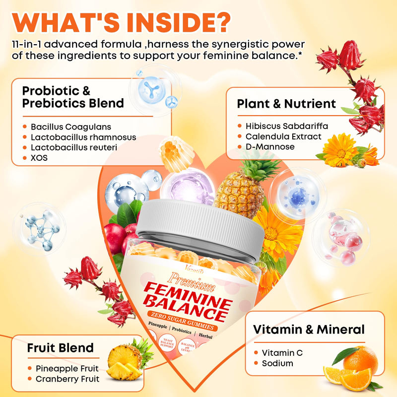 Sugar Free Feminine Balance Gummies for Women - Pineapple Gummies for Women PH Balance, Healthy Odor, Yeast Balance & Flora - Vegetarian Friendly - 60 Count 60 Count (Pack of 1)