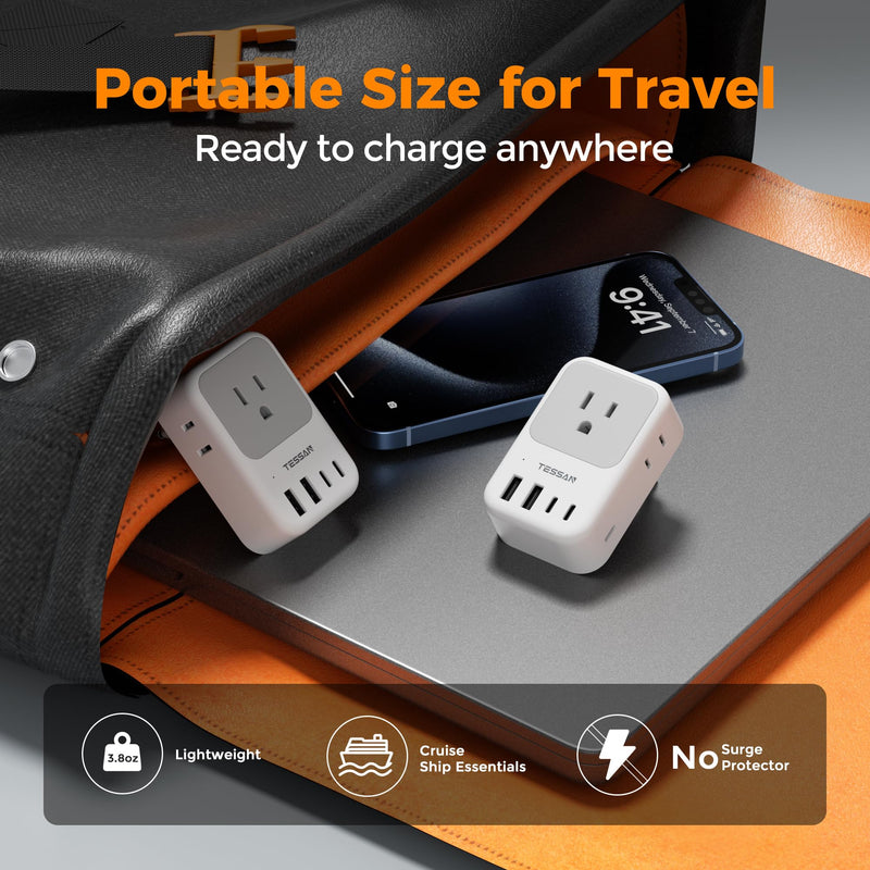 TESSAN European Travel Plug Adapter, Foldable EU Plug, PD 28W | 4 AC Outlets & 5 USB Ports (3 USB-C), Type C Power Adapter for Italy France Germany Spain Greece Iceland White grey-Type C(3 USB C 28W)
