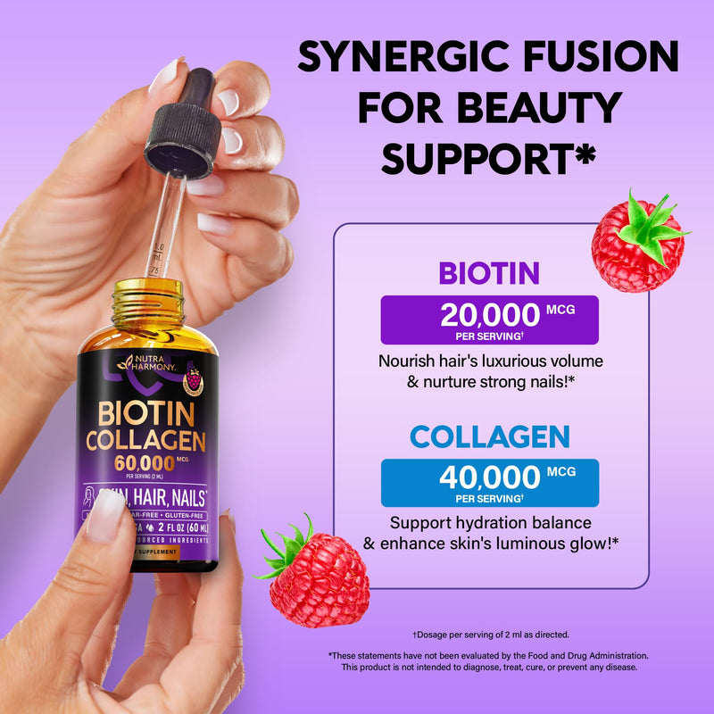 Liquid Biotin & Collagen 60,000mcg - Biotin for Hair Growth Support - 2 Oz | Liquid Collagen Supplement & Biotin - Extra Strength Drops for Women & Men - Strong Nails & Healthy Skin - Raspberry Flavor 2 Fl Oz (Pack of 1)