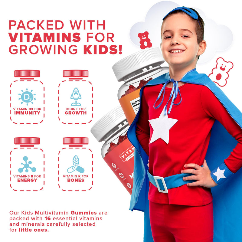 Vitammies Vegan Kids Vitamins | Kids Multivitamin Gummies | 4 Month Supply | 16 Essential Nutrients | Vitamin C, A, D3, B2, B6, B12, E, K, Biotin, Iodine, Zinc & More | Non-GMO | Chewable | GMP Kids Multivitamins Gummies